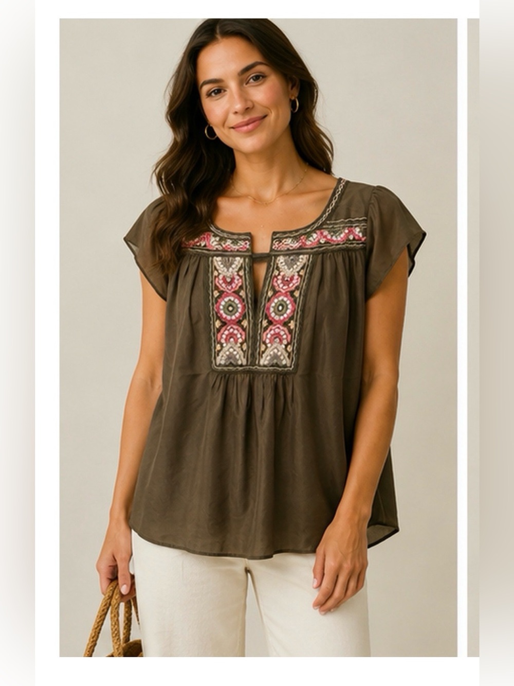 Calypso St. Barth Silk Olive Tunic with Pink & Cream Embellishments